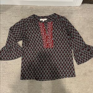 LOFT Floral Patterned Top in deep red and green hues